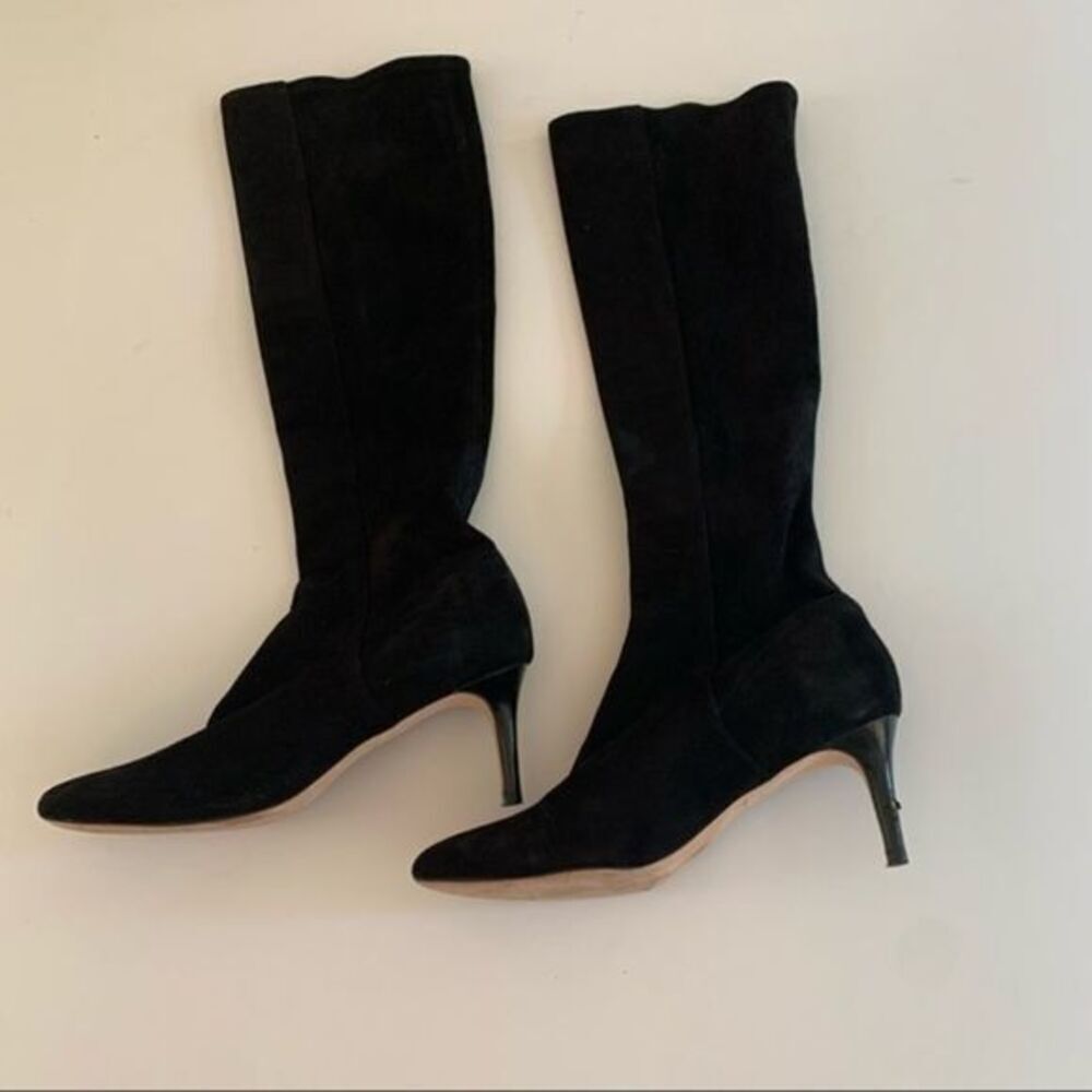 Cole Haan Tall Black Suede Pull On Boots 3 “ Heel Sz 8.5